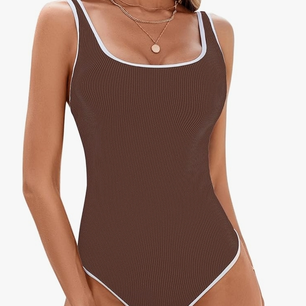 Elegant Brown One-Piece Swimsuit with White Trim